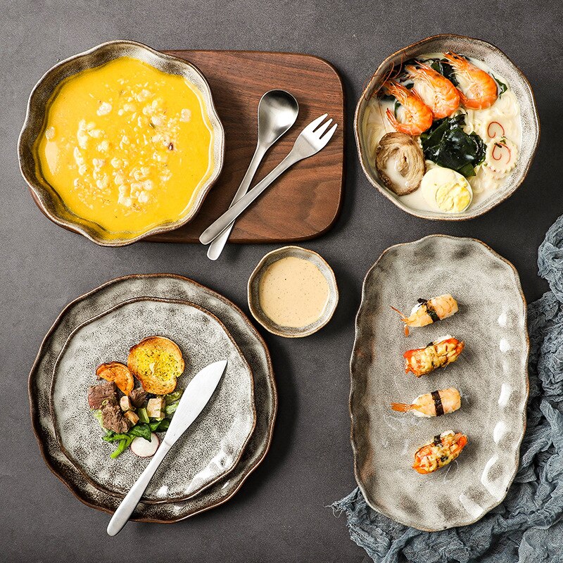 Ceramic Plates Set Dishes Bowl Tableware Vintage Japanese Style Cutlery Set Restaurant Dinnerware Set Home Plate Set