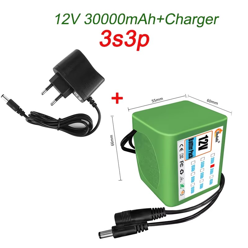 12V 50000mAh Lithium Battery Pack 18650 Rechargeable Battery With BMS Charger 3S5P For Fishing Bicycle Large Capacity Batteries: green