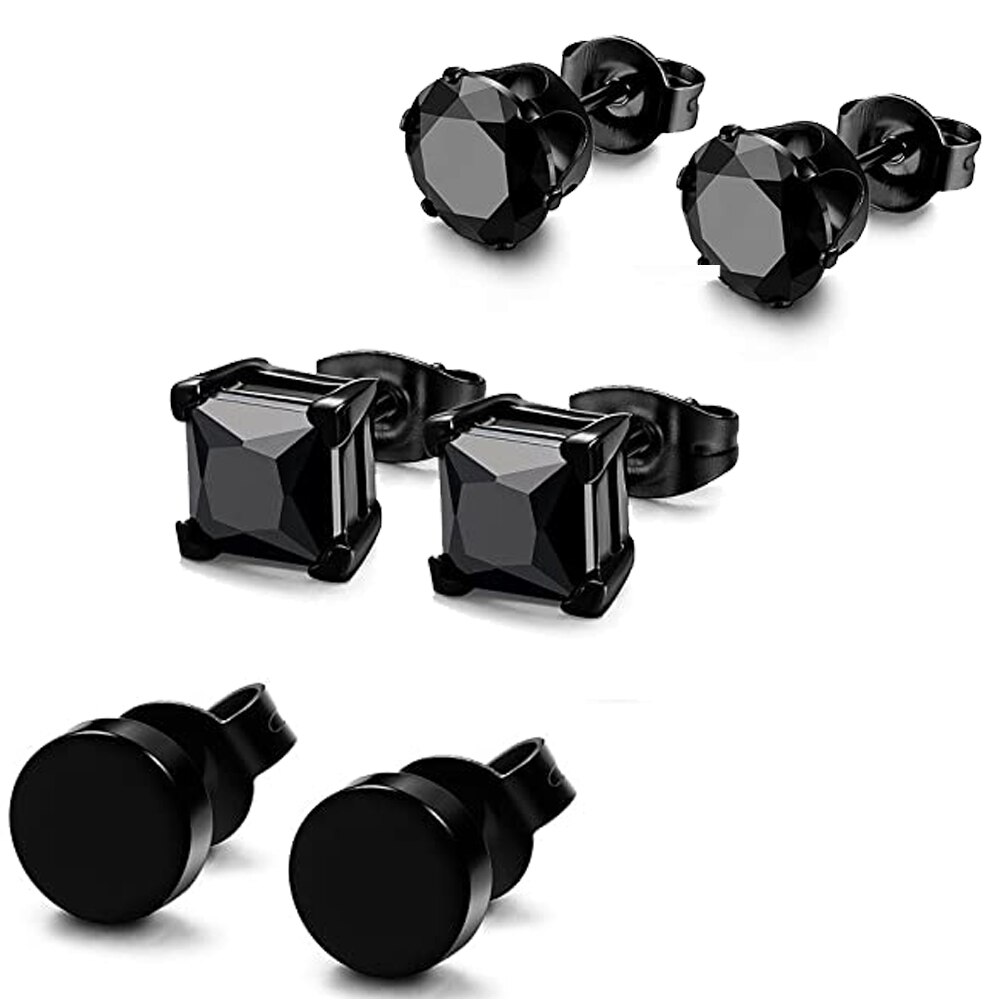 3 Pairs Stainless Steel Black Stud Earrings for Men Women CZ Earrings 6mm Available