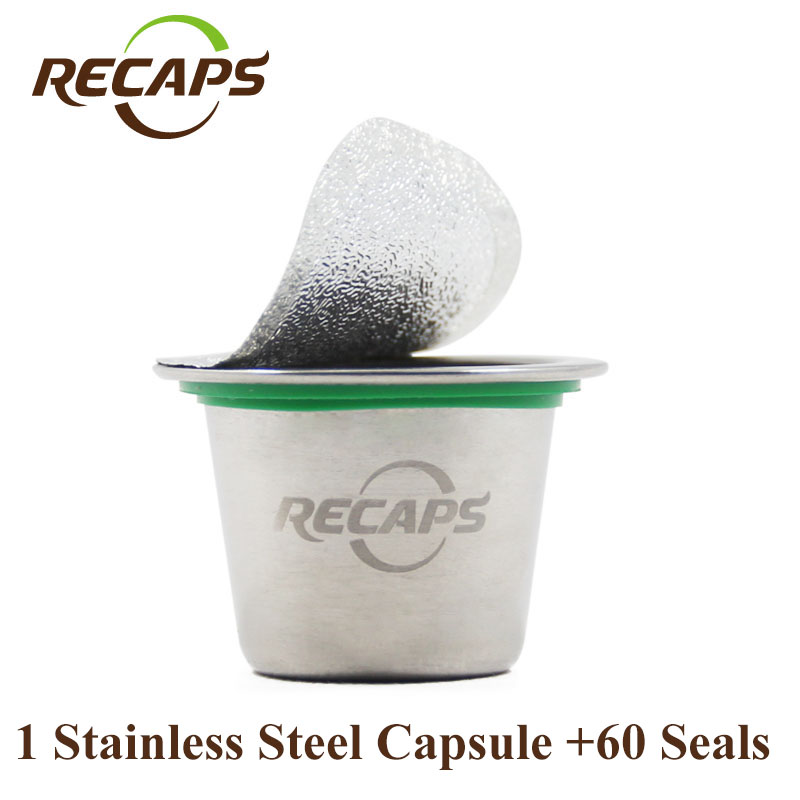 RECAPS Refillable Reusable Stainless Steel Refill Coffee Capsulas for Nespresso Machines Maker 1 Pod + 60 Seals: 1 cup and 60 seals