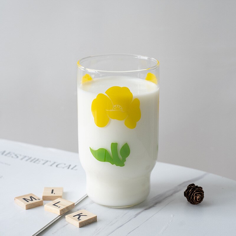 Taza de vidrio usada de Japón y Corea del Sur de 350ML, vaso de vidrio pintado a mano de flor de tulipán, taza de leche de café, taza gruesa impresa en amarillo