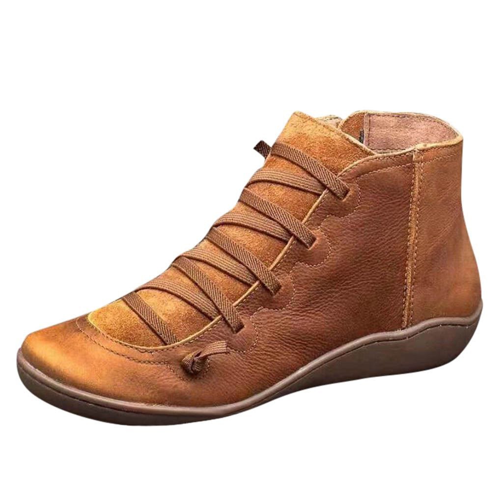 Botas de para mujer, zapatos de informales de cuero plano de encaje Retro, botas con cremallera lateral y punta redonda, n. ° 5,: 40