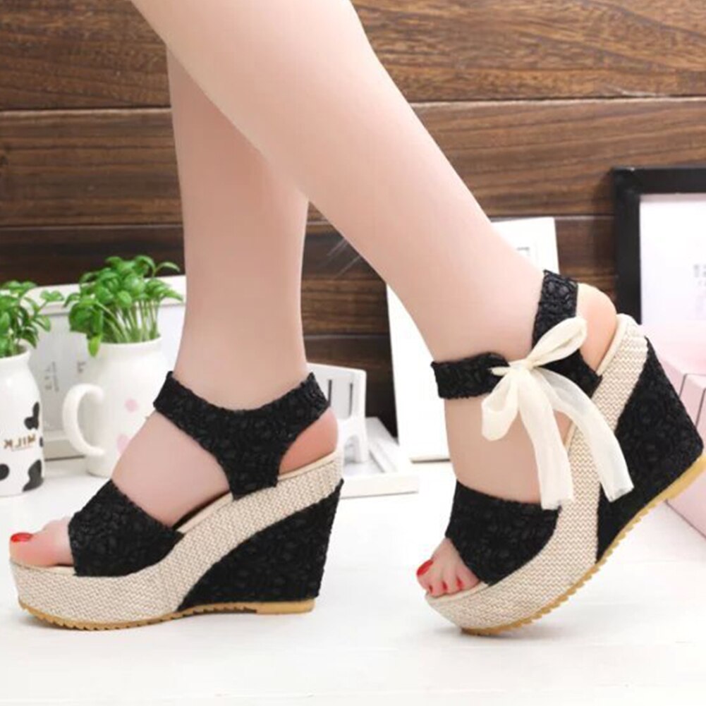 lace Leisure Women Wedges heeled women Shoes Summer Sandals Party Platform High Heels Shoes Woman 35-40: black / 35