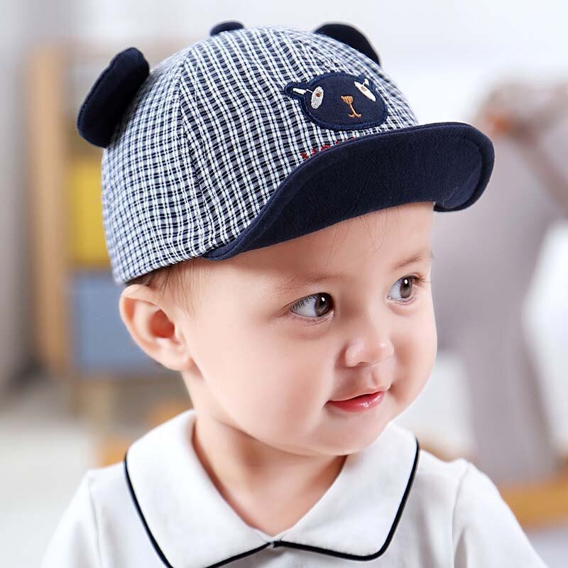 Cute Cartoon Baby Cap With Ears Summer Newborn Adjustable Baseball Cap Cotton Baby Girl Boy Hat Plaid Toddler Kids Sun Hat: navy blue