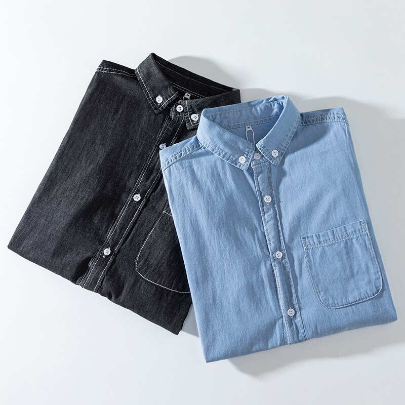 Spring Autumn Men's Long-sleeved Denim Shirt 100% Cotton Thin Solid Color Denim Clothing Summer Casual Jackets Tops