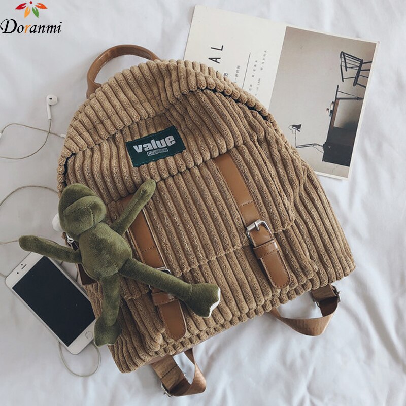 DORANMI Corduroy Schoolbag Women's Backpack Winter Female Rucksack Small Book Back Bags Striped Mochila Shoulder Bags BG307