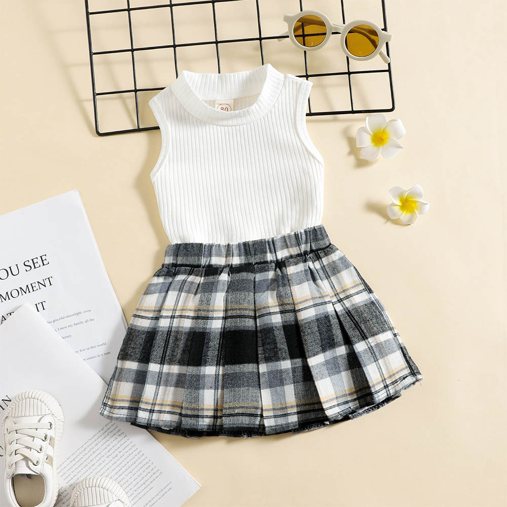 Bear Leader Mode Baby Meisjes Set Zomer Kids Kleding Meisjes Solid T-shirt Tops Plaid Rok Pak Kinderen Causale Baby Meisje outfit: AH9805-White / 4T