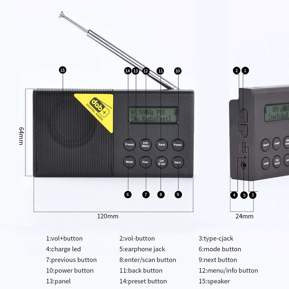 Mini-tragbares digitalradio mit 3.5mm stereo-sendern, bluetooth-fähig, 5.0 fm dab-sendern, wecker, radioplayer und teleskopantenne