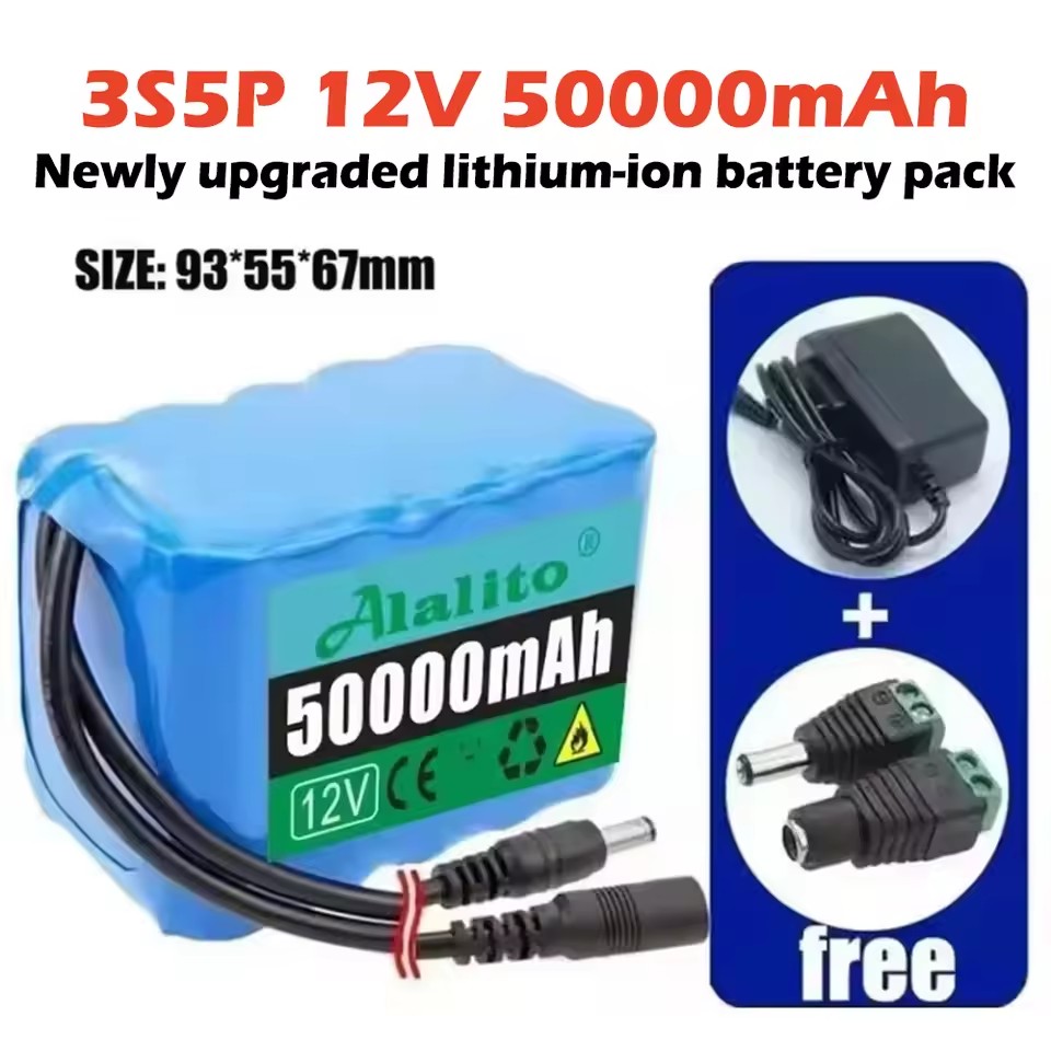 12V 50Ah 18650 Lithium Battery Pack 3S5P Rechargeable Battery with BMS 12.6v Charger for Fishing Bicycle Large Capacity Battery: Lavender