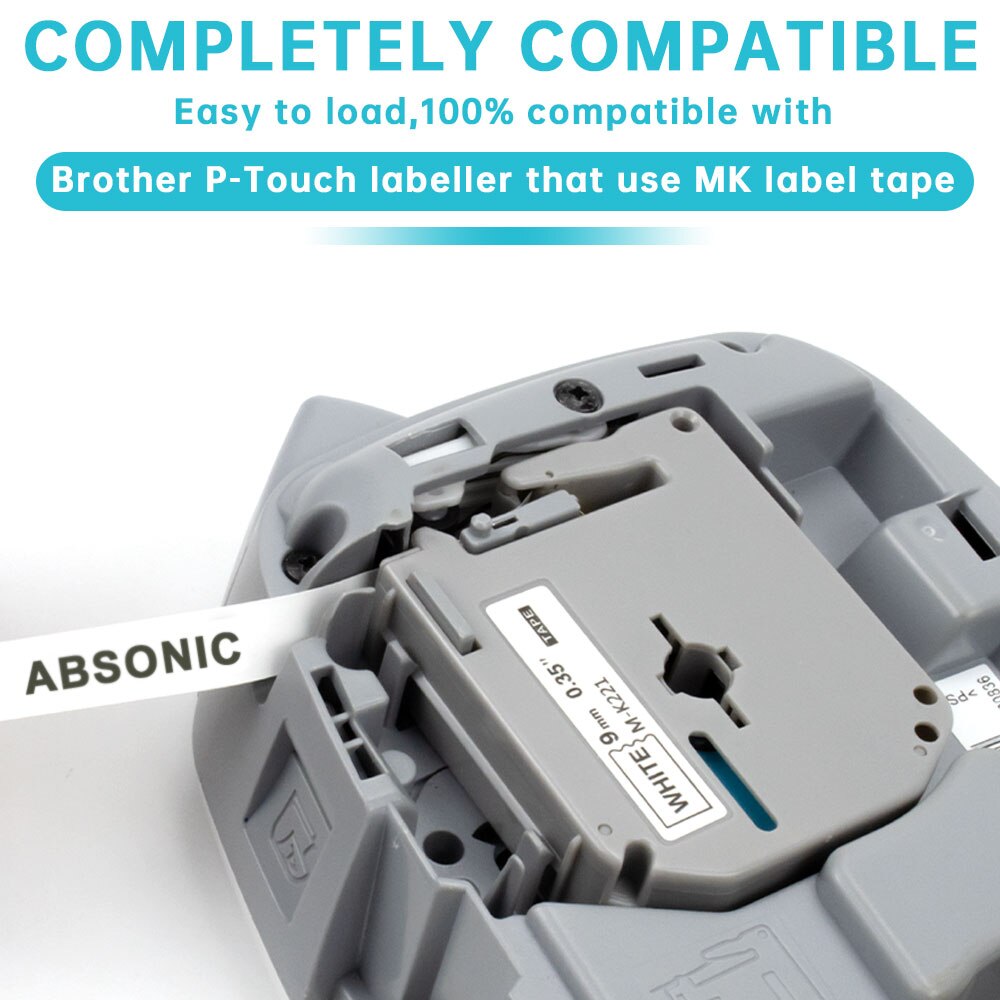 Absonic 8 Color 9mm Label Tape MK-121 MK-221 MK-421 MK-521 MK-621 Printer Ribbon Black on White For Brother Ptouch PT-80 Label M