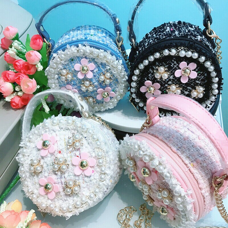 Newest Children Kids Baby Girl Pearl Flower Decor Handbag Shoulder Messenger Bag Cross Body Round Bag Girls