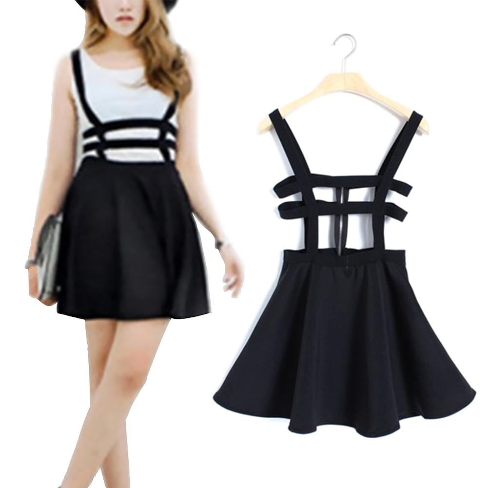 Women Hollow Out Back Zipper Suspender Bandage Skater Braces A-Line Mini Skirt