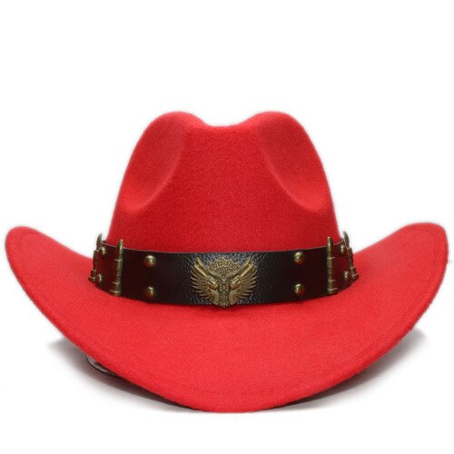 Volwassen wollen fedora's hoeden met leren riem herfst en winter mannen en vrouwen wollen cowboyhoeden grote bolhoed met rand een -152: Rood / Volwassene 56-59cm