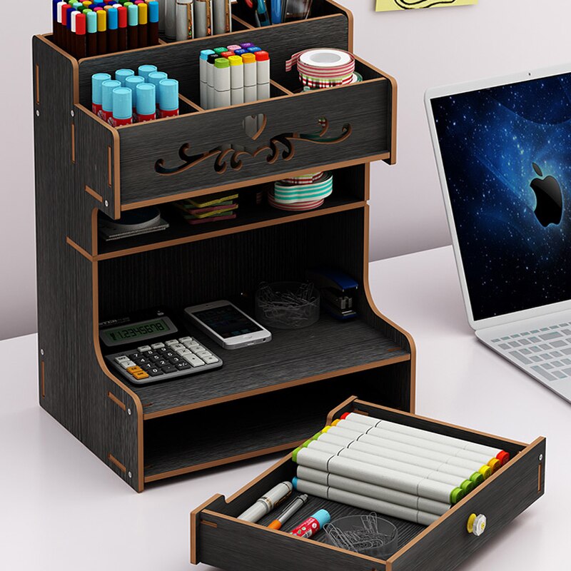Home Office Supply Desktop Storage Rack Multi-Functional DIY Pen Holder Box Desktop Stationary Wooden Desk Organizer: Black