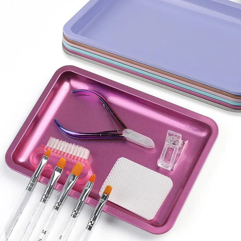 Bandeja de almacenamiento de cosméticos de acero inoxidable, placa para manicura, pinzas, cortaúñas, contenedor de bolígrafos, herramientas cuadradas para uñas postizas