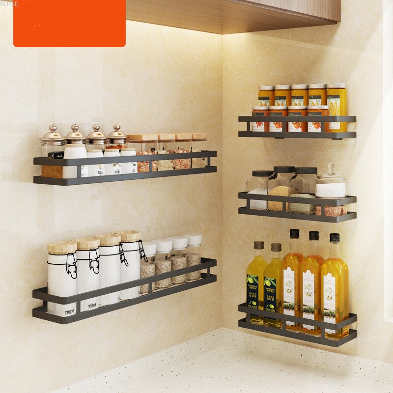 Black Stainless Steel Kitchen Condiment Rack Wall Hanging Punch-free Bathroom Shelf Household Multi-function Storage Rack