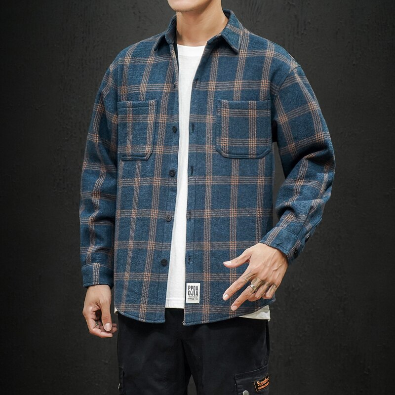 UYUK Winter Casual Trend Loose And Versatile Lapel Original Plaid Thickened Men's Shirts Streetwear Homme