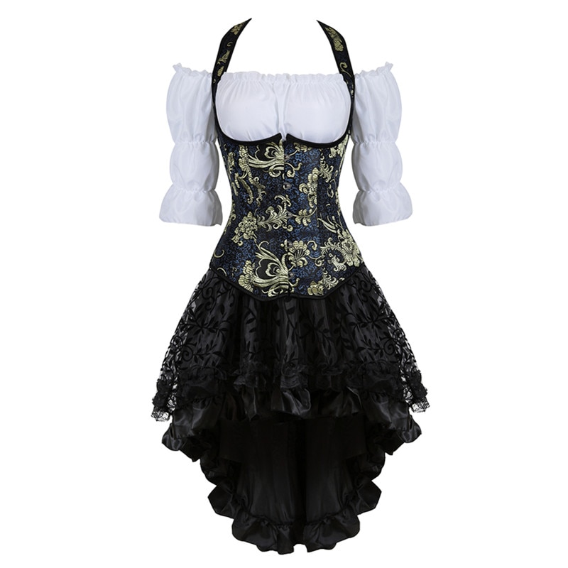 Steampunk Korsett Kleid sexy Unterbrust Korsett oben frauen aus Schulter Halbarm Bluse mit Felsen Drei-stück Outfit Plus Größe: S