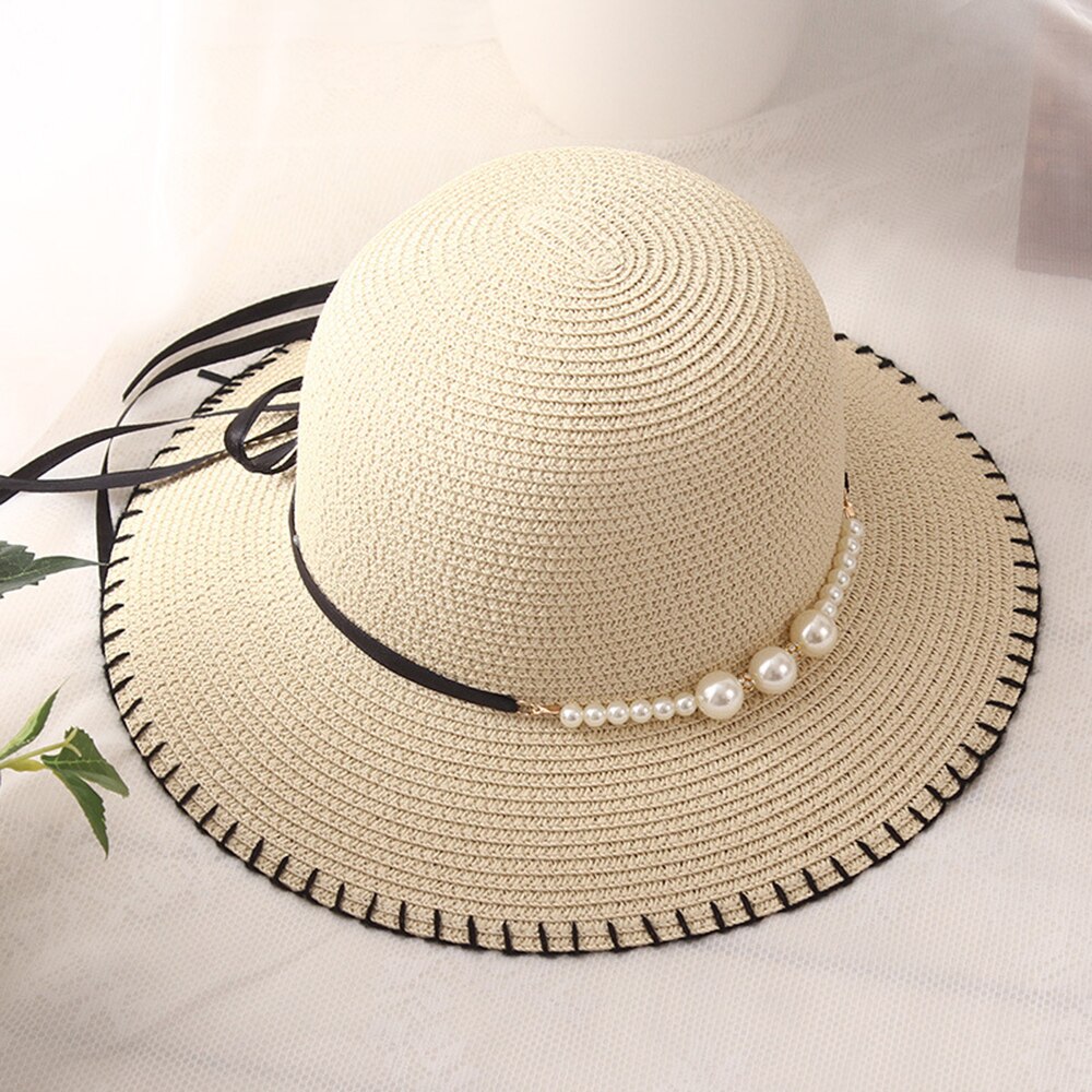 zomer Mode Zomer vrouwen Opvouwbare Wide Brim Grote Elegante Parel Strand Zonnehoed Stro Strand Cap Voor dames Meisjes: 2