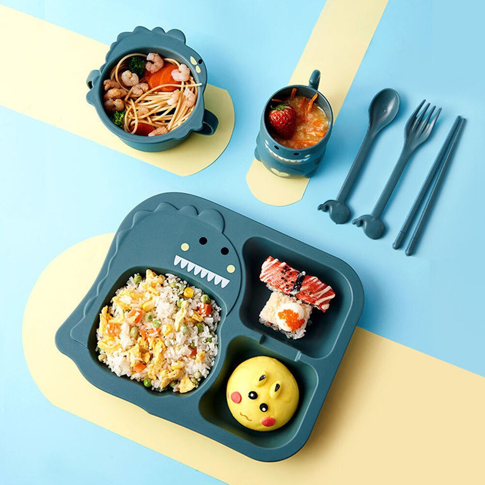 6 Piece Set Baby Dinosaur Tableware Children's Dinner Plate Grid Home Cartoon Feeding Dishes