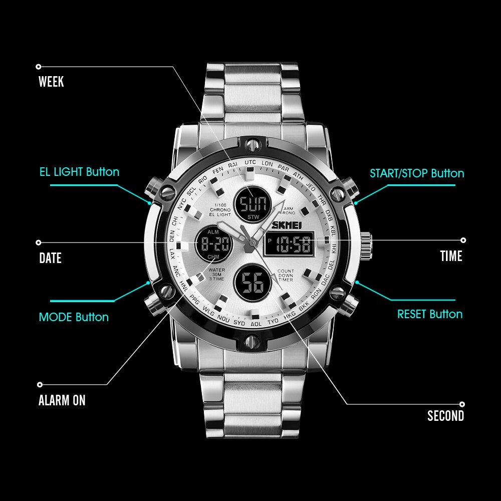 Skmei 3-malige Hintergrund beleuchtung Digitaluhren Herren Vollstahlband-Quarz-Armbanduhr Countdown-Uhr relogio maskulino