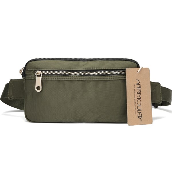 Annmouler Polyester Women Fanny Pack Large Capacity Waist Bag Black Double Zipper Waist Pack Ladies Chest Bag 4 Colors Bum Bag: Army green