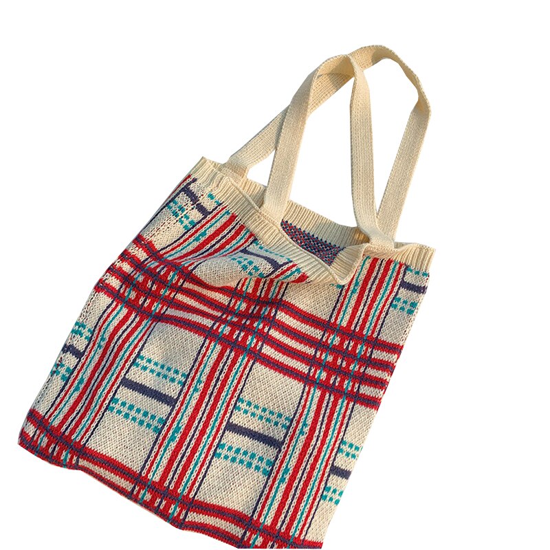 Knitting Bag Knitted Embroidered Shopping Bags Knitting Jacquard Pattern Cute Shopping Bag LadiesTeenagers Handbag: Colorful Plaid