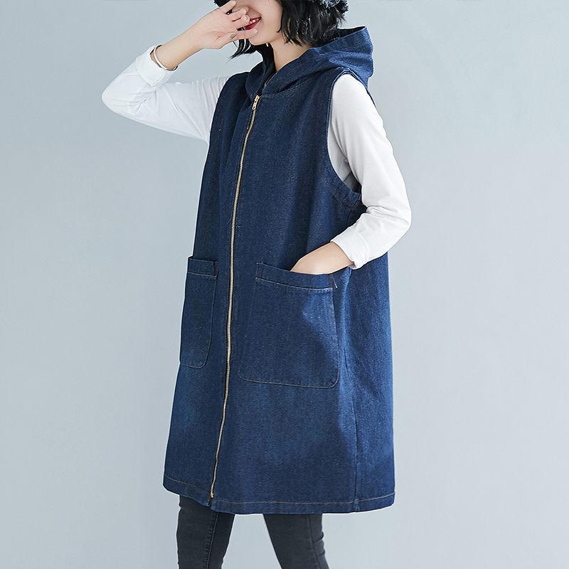 Chaleco vaquero para mujer, otoño , , coreano, tamaño grande, largo, suelto, sin mangas, chaleco con capucha, chaqueta vaquera, chaleco de primavera, Tops r126