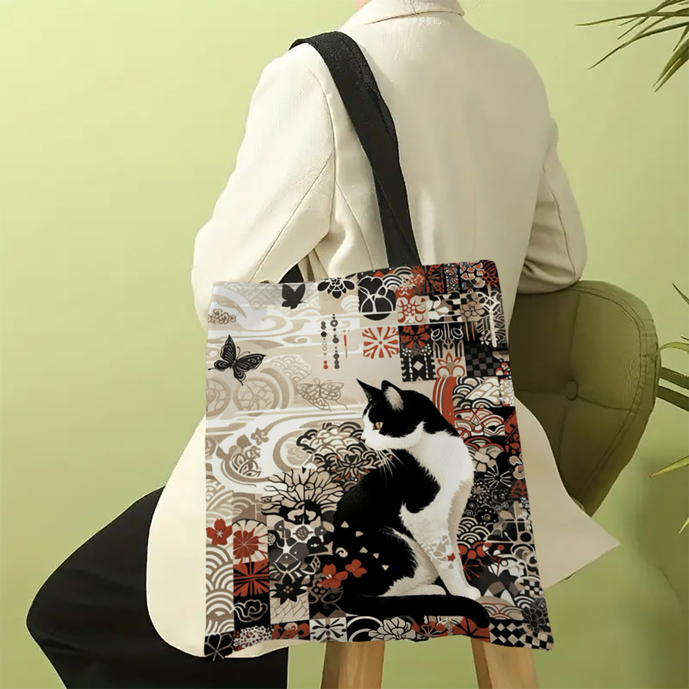 Sac fourre-tout classique chat noir et blanc avec imprimé chat, sac de plage de Shopping à bandoulière réutilisable pour femmes, sac de transport décontracté Durable: Beige
