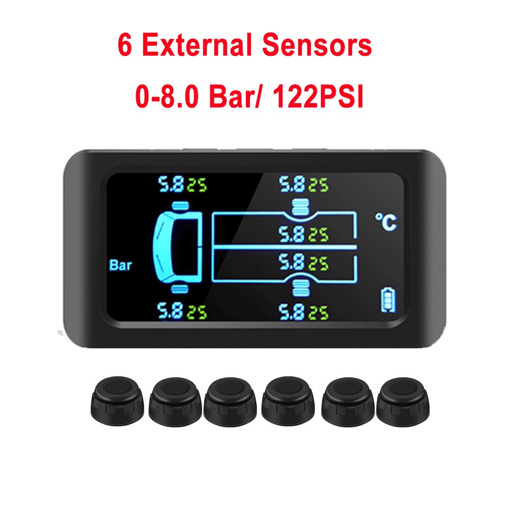 Universal truck tpms med 6 eksterne sensorer 8.5 bar dæktryk monitor solopladnings monitor tmps dæktryk sensor: 6 sensorer 8.0 bar