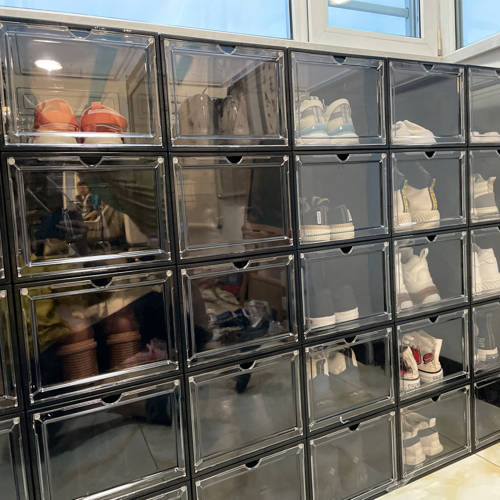Boîte à chaussures magnétique de style tiroir transparent en plastique dur pour le rangement des chaussures, armoire à chaussures épaisse et peu encombrante