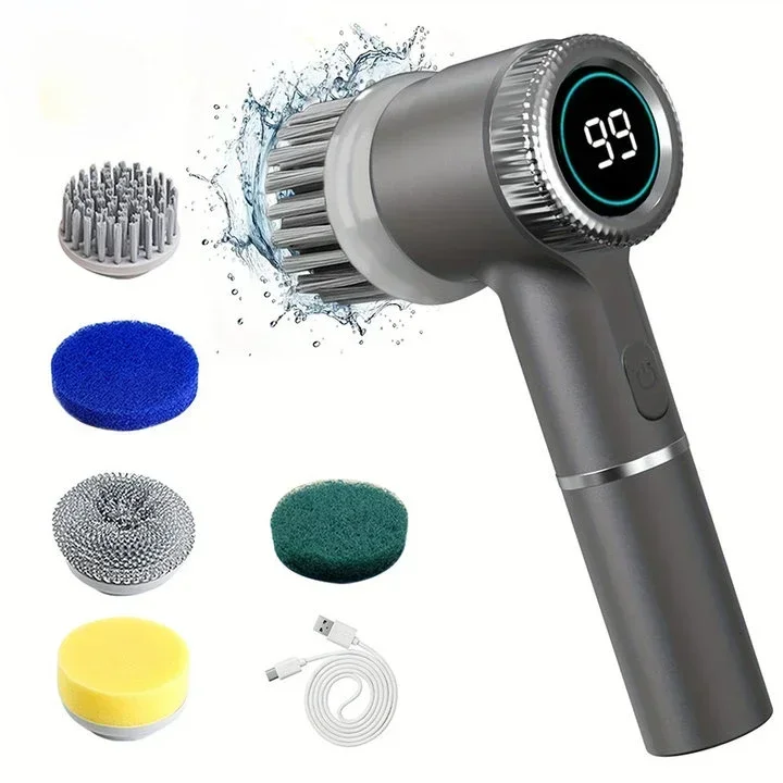 6in1 Electric Cleaning Brush Multifunctional Kitchen Bathroom Toilet Portable Powerful Clean Brush LED Display: black
