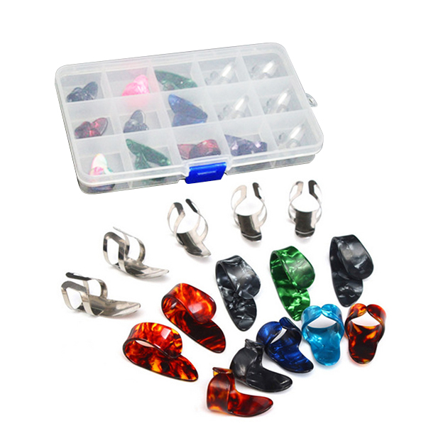 15 Pcs Rvs Celluloid Duim Vinger Plectrums Met 15 Grid Case Opbergdoos