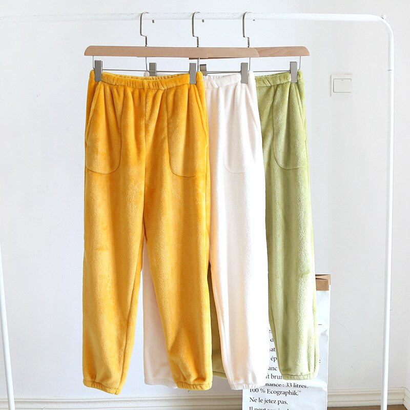 Pijamas de franela de pierna cerrada para mujer, pantalones cálidos para el hogar, Color sólido, holgados y Pijama gruesa, franela femenina