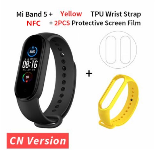 Xiaomi Mi Band 5 NFC Version Smart Bracelet AMOLED Screen Miband 5 Smartband Fitness Traker Bluetooth Heart Rate Smart Band: yellow strap film