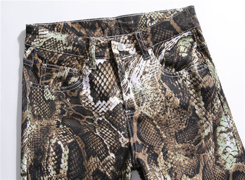 Skinny jeans mænd herre jeans slangeskind print slim farvede stretch denim bukser til mænd
