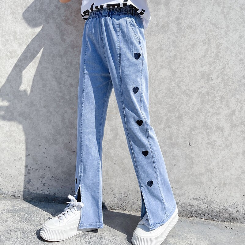 Zomer Meisjes Broek Dunne Jeans Liefde Hartvormige Borduurwerk Wijde Pijpen Jeans Split Lange Broek 4 5 6 7 8 9 10 11 12 13 Jaar Kinderen