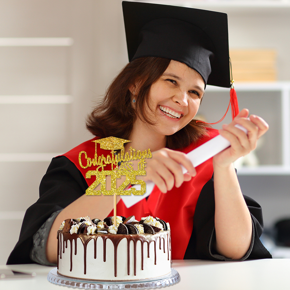 1 stks Gefeliciteerd Klasse van 2025 Afstuderen Cake Topper Glitter Gefeliciteerd Grad Cap Cake Picks voor Afstuderen Thema Party Decor