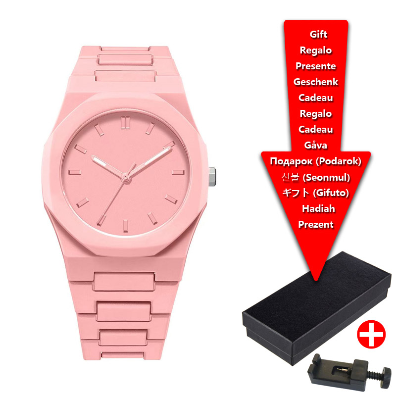 Modische schwarz-weiße Herrenuhr mit Kunststoffgranulat, exquisit wasserdichte Geschäft-Quarzuhr, Damenuhr: Rosa