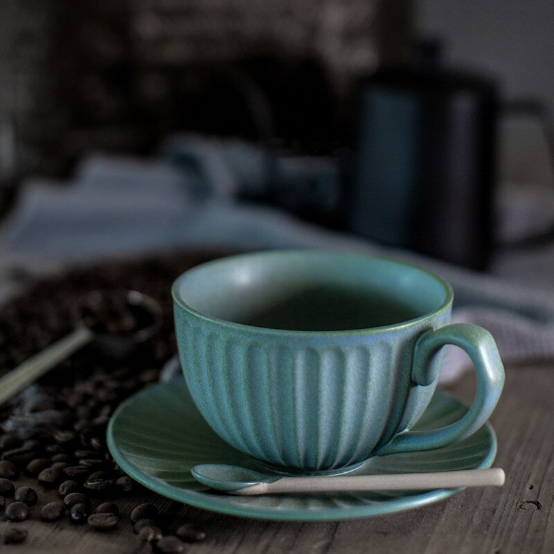 European Ceramic Retro Coffee Cup with Saucer Set Handmade Japanese Style Milk Mug Coarse Pottery Office Teacups Drinkware