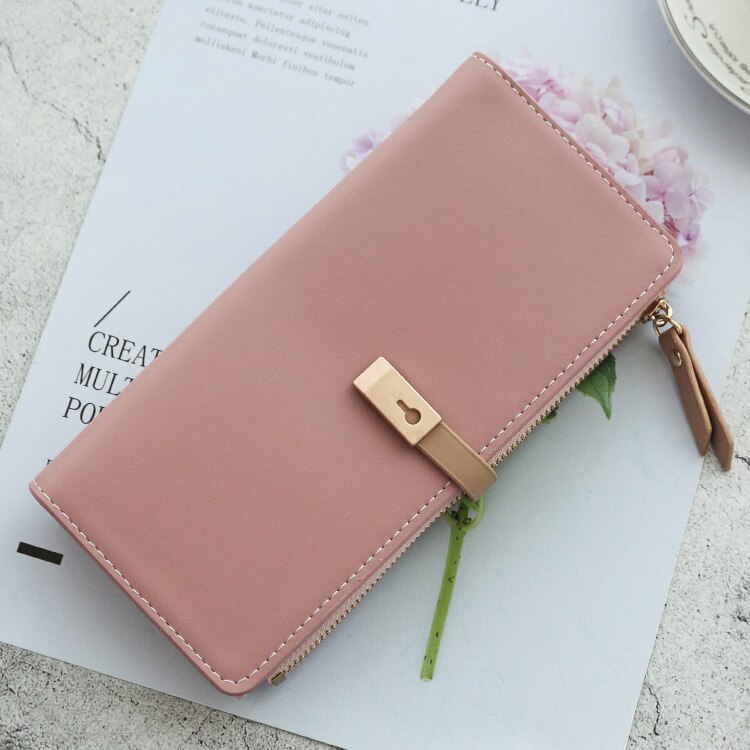 Korean Mori Ladies Thin Wallet Long Multi-function PU Wallet Simple Card Holder Zipper Buckle Coin Purse Clutch: Pink