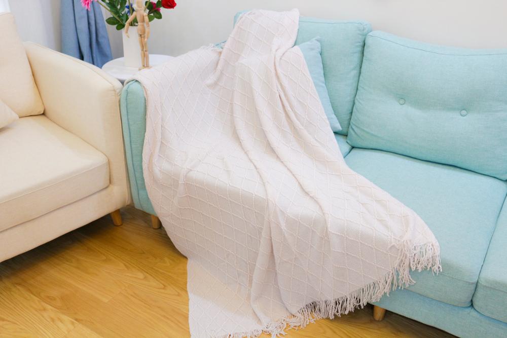 Strikket rejsetæppe grå gul sort grå sofa tæppe kvaster air condition tæppe diamant bomuld: Beige-l