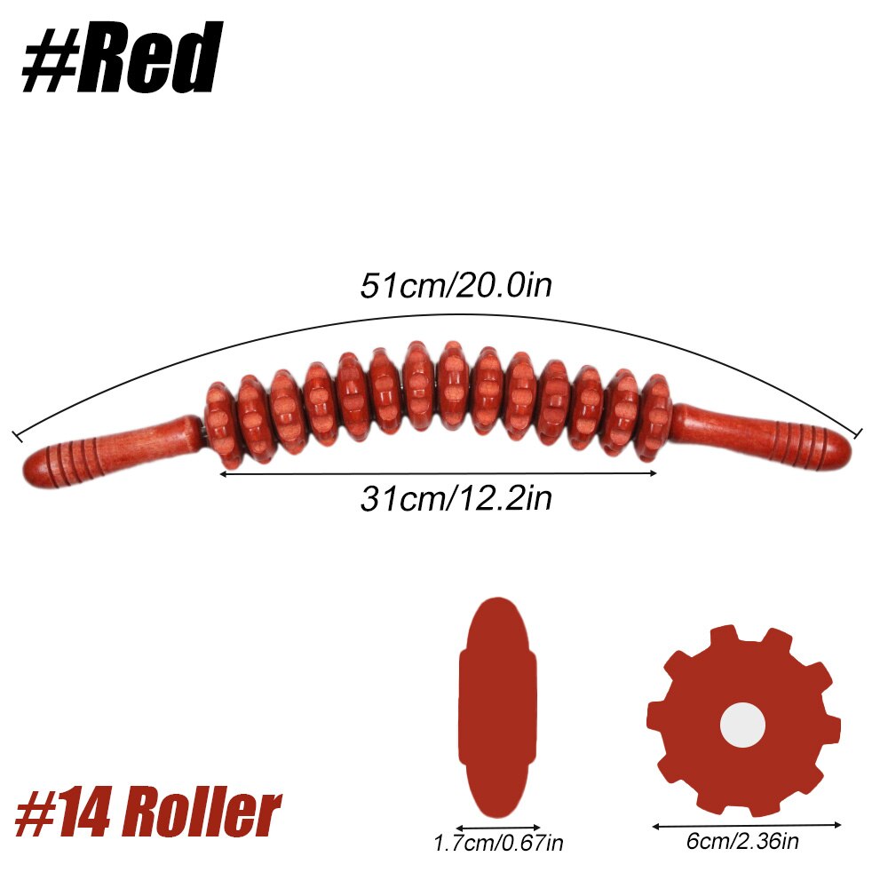 Rodillo de terapia de madera, herramienta de masaje, masajeador de Maderoterapia Colombiana de curvo, drenaje linfático, palo de punto gatillo: Red-14 Roller