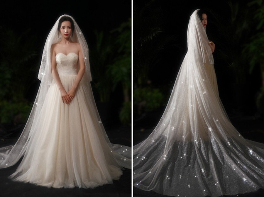 Dwie warstwy Bling Bling welony ślubne róż robić policzków świecący biały szampan długi cekinowy cekinowy ślubny welon z grzebieniem