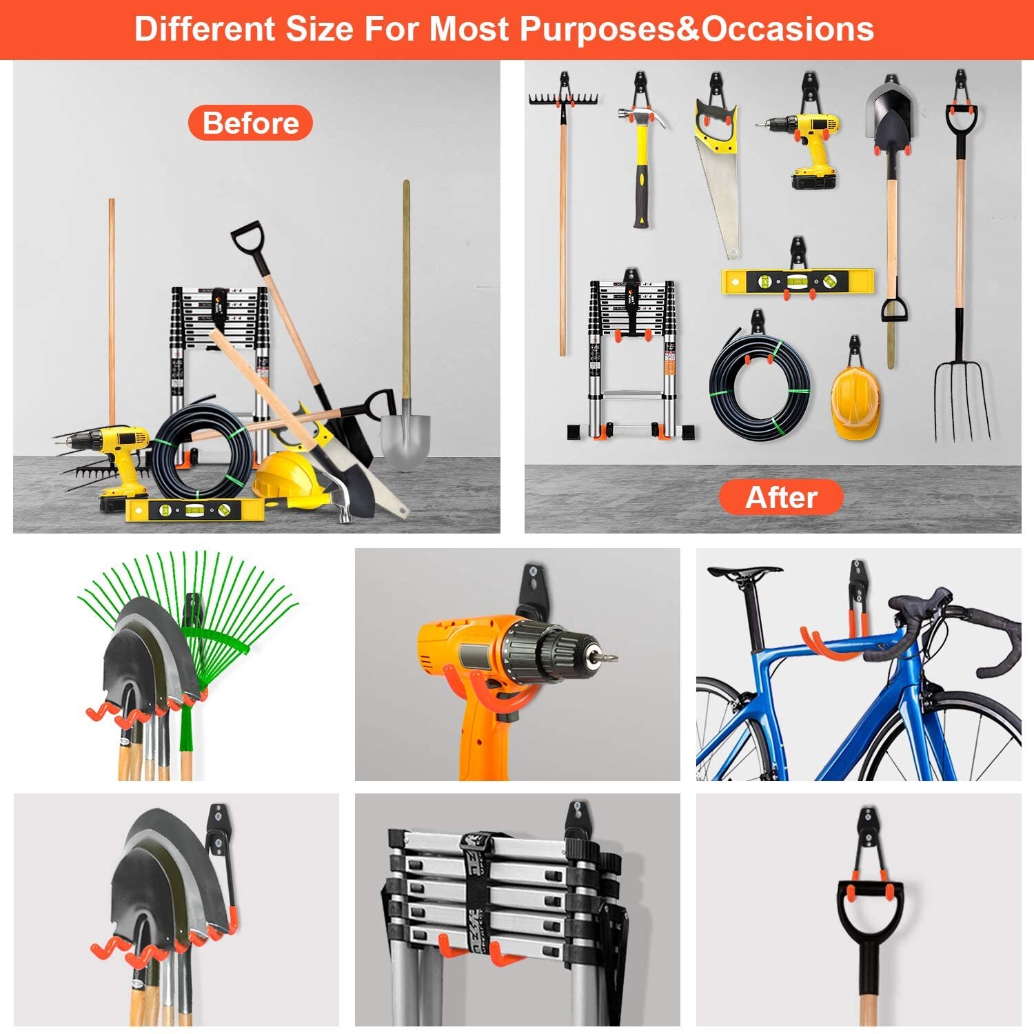 Heavy Duty Metal Hook Garage Storage Hook Organizer Wall Mount Anti-slip Storage Bicycle Hanger Hooks For Ladders Garden Tool