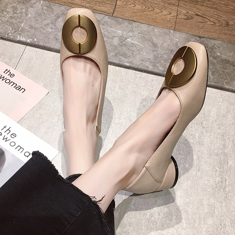 Kvinner kjole sko lave hæler pumps firkantet hæl båt sko runde metall pumps kontor sko damer zapatos mujer 7913n