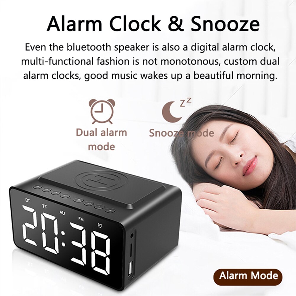 Alarm Clock Digital Bluetooth Speaker FM Radio With Clock With USB Charger &amp; Wireless QI Charging 3 Level Digital Desktop Clock