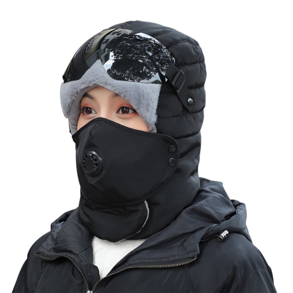 With Glasses Warm Winter Camping Hiking Earflap Protective Thickened Outdoor Snow Caps Full Face Riding Windproof Bomber Hat Ski: Black / Black Glasses