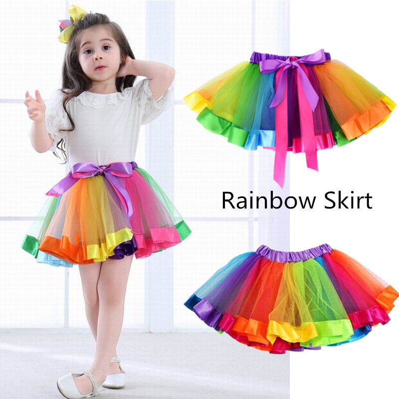 Barn prinsesskjol färgglad regnbåge tyll pilbåge fluffig för tjejfest baby tutu kjol 2-8 år gammal