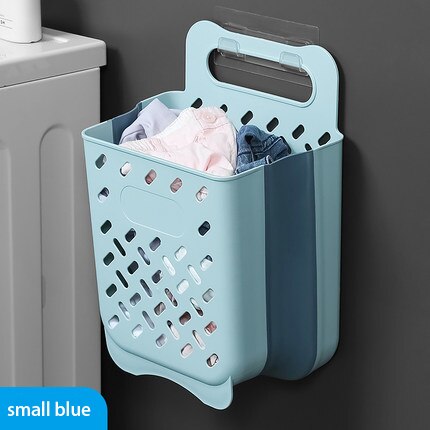 Large Capacity Laundry Basket Bathroom Wall Mounted Clothes Storage Basket Household Foldable Pants Jacket Storage Bag: Small Blue Basket